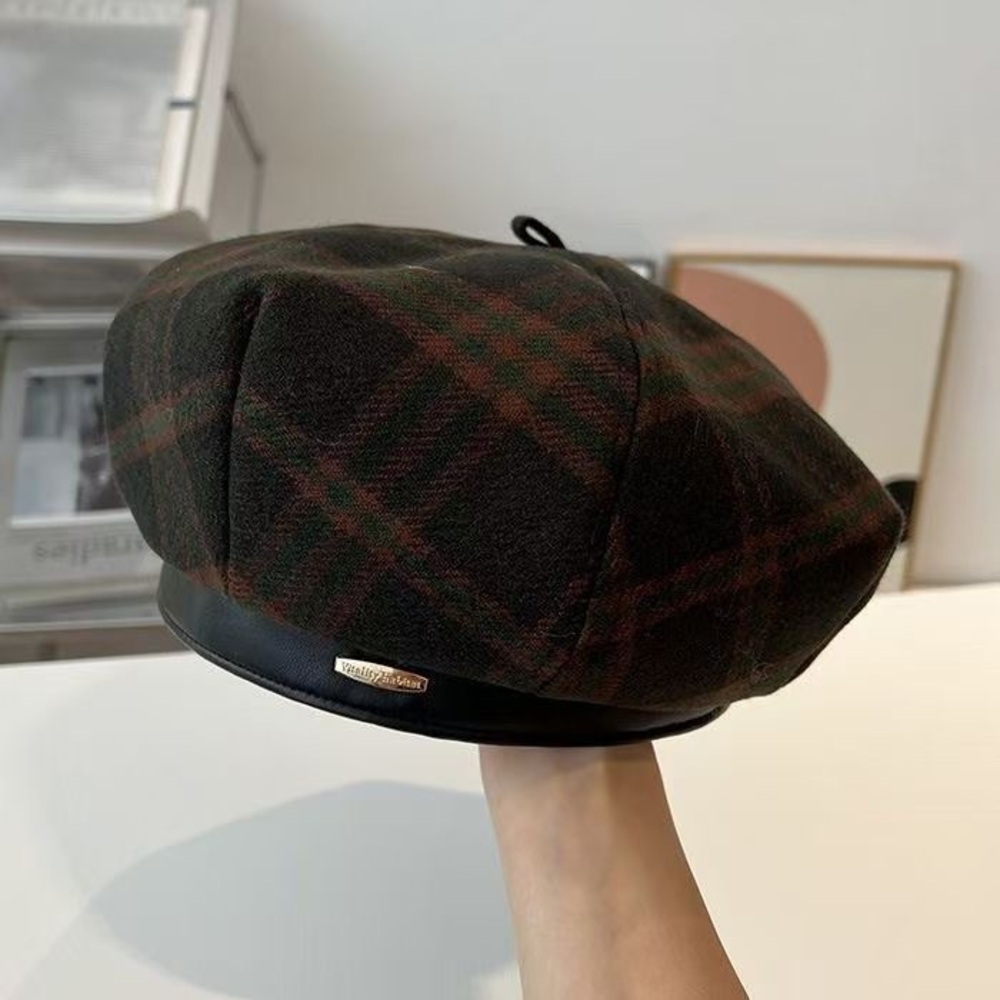 Plaid Beret with Leather Trim